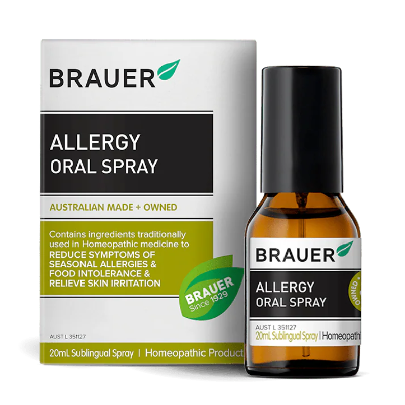 Brauer Allergy Oral Spray 20ml premium Australian homeopathic oral spray for seasonal allergies, food intolerance and skin irritation relief.