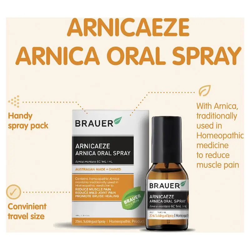 Brauer ArnicaEze Arnica Oral Spray 20ml premium Australian homeopathic oral spray in a convenient travel-size bottle.