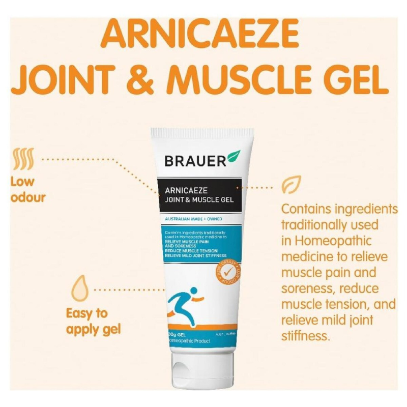 Brauer Arnicaeze Joint & Muscle Gel 100g premium Australian homeopathic gel for temporary relief of muscle pain, soreness and mild joint stiffness.