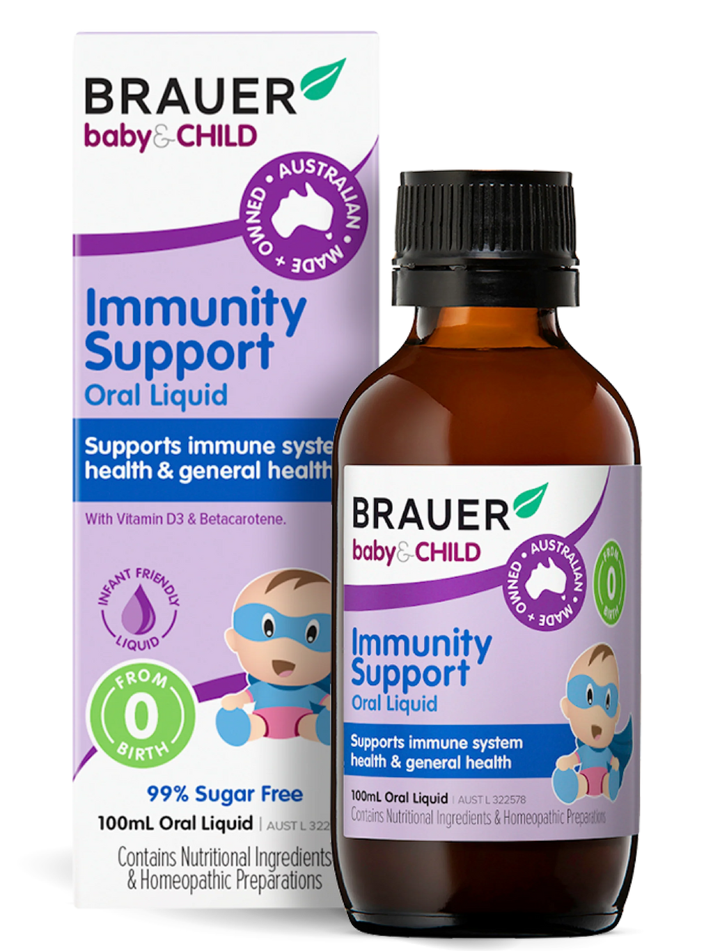Brauer baby & child immunity support oral liquid bottle on a white background