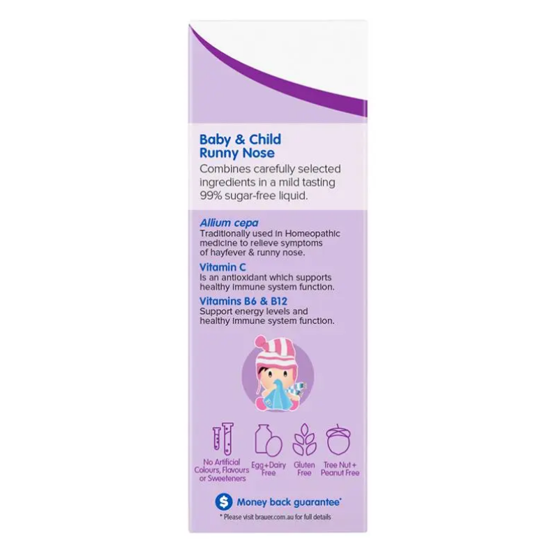 Packaging of a baby and child runny nose relief product with purple and white design.