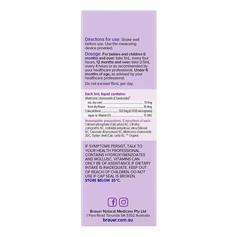 Brauer Baby & Child Teething Oral Liquid 100ml premium Australian herbal oral liquid with chamomile and vitamin D for children.