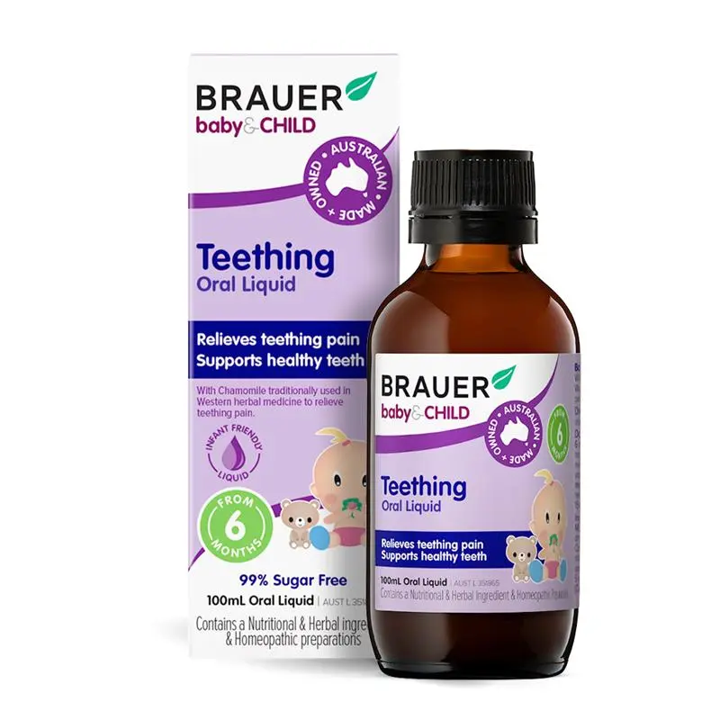 Brauer Baby & Child Teething Oral Liquid 100ml premium Australian herbal oral liquid with chamomile and vitamin D for children.