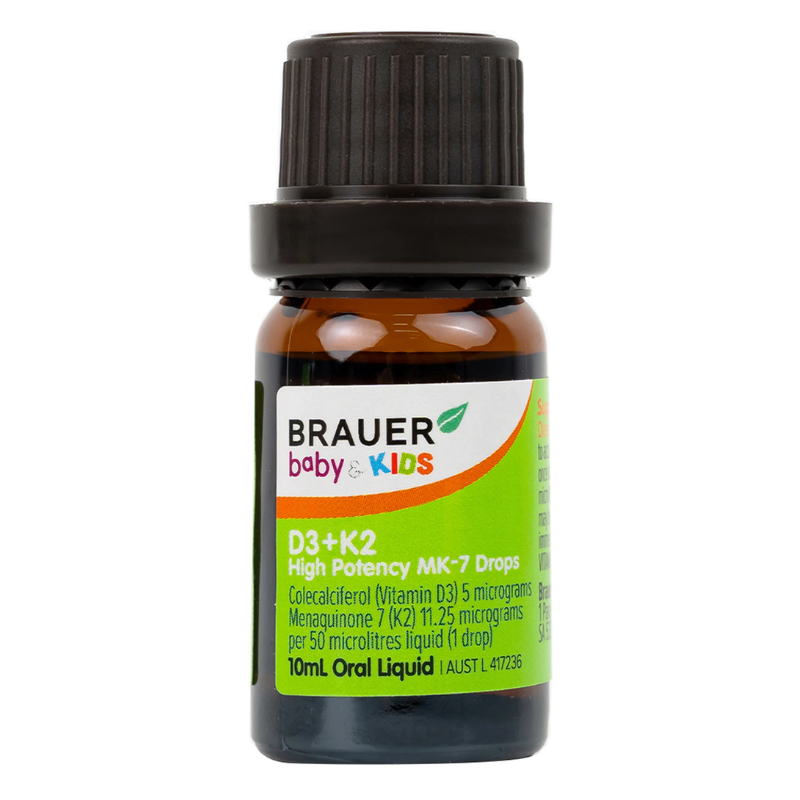 Brauer Baby & Kids D3 + K2 High Potency MK-7 Drops 10ml premium Australian vitamin D3 and K2 MK-7 liquid drops for babies and children from birth.