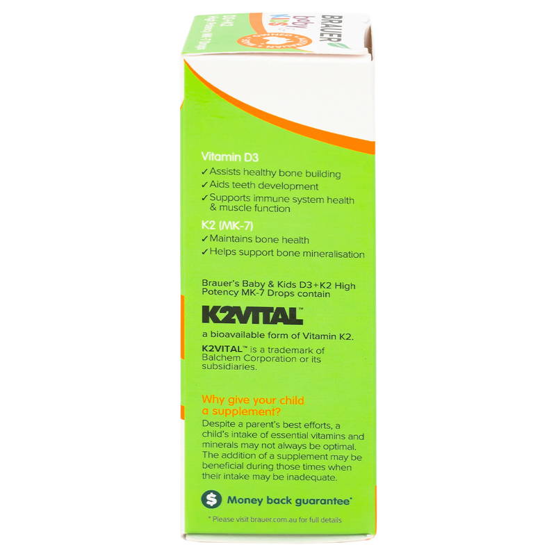 Brauer Baby & Kids D3 + K2 High Potency MK-7 Drops 10ml premium Australian vitamin D3 and K2 MK-7 liquid drops for babies and children from birth.