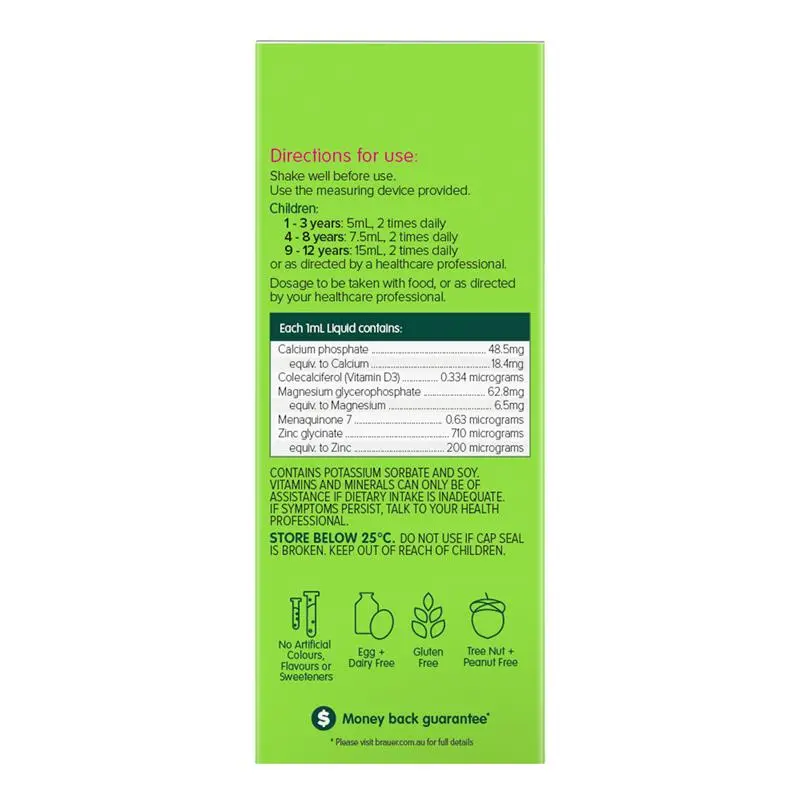 Brauer Baby & Kids Liquid Calcium with Magnesium & Zinc 200ml premium Australian liquid calcium supplement with magnesium, zinc, vitamin D3 and K2 for children aged 1 year and over.