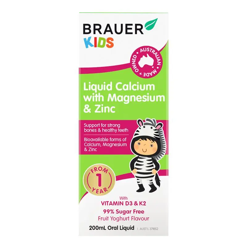 Brauer Baby & Kids Liquid Calcium with Magnesium & Zinc 200ml premium Australian liquid calcium supplement with magnesium, zinc, vitamin D3 and K2 for children aged 1 year and over.