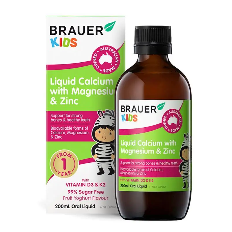 Brauer Baby & Kids Liquid Calcium with Magnesium & Zinc 200ml premium Australian liquid calcium supplement with magnesium, zinc, vitamin D3 and K2 for children aged 1 year and over.
