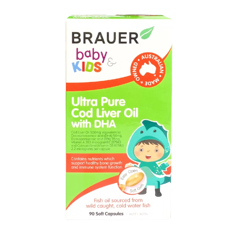Brauer Baby & Kids Ultra Pure Cod Liver Oil with DHA 90 Capsules premium Australian cod liver oil with DHA, EPA, Vitamins A & D3 for children aged 1 year and over.
