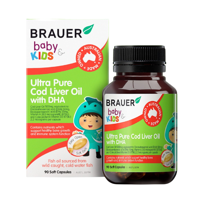 Brauer Baby & Kids Ultra Pure Cod Liver Oil with DHA 90 Capsules premium Australian cod liver oil with DHA, EPA, Vitamins A & D3 for children aged 1 year and over.
