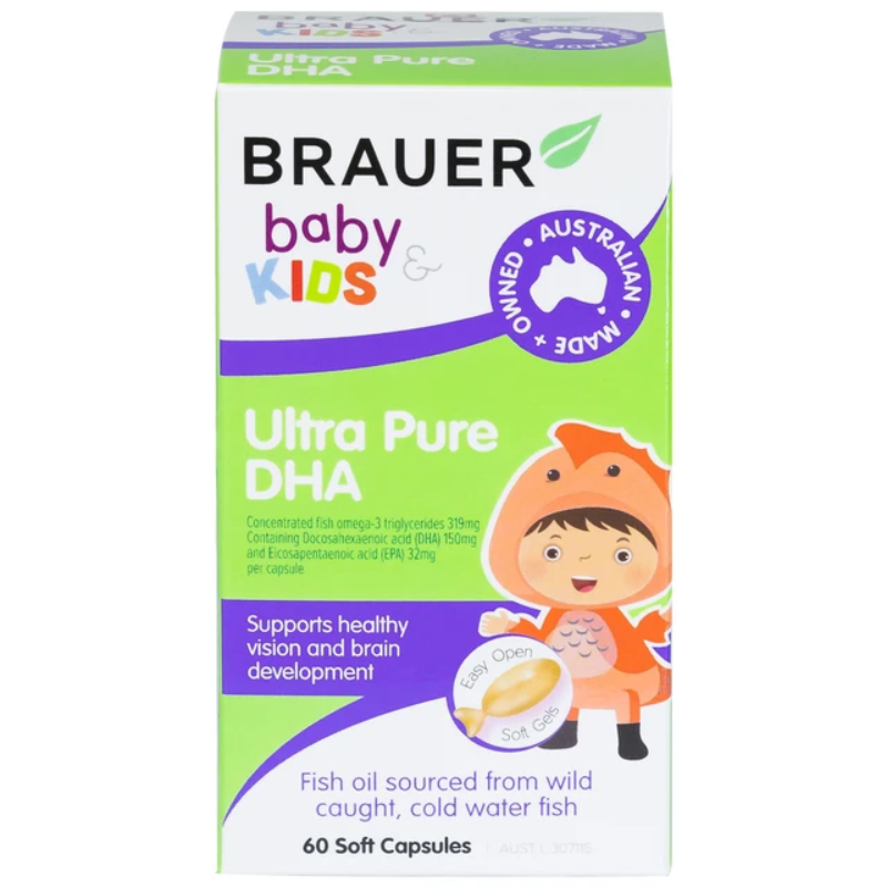 Brauer Baby & Kids Ultra Pure DHA 60 Capsules premium Australian DHA omega-3 supplement for babies and children from 7 months.