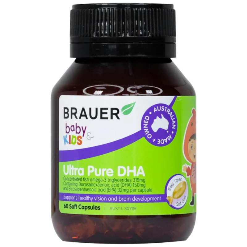 Brauer Baby & Kids Ultra Pure DHA 60 Capsules premium Australian DHA omega-3 supplement for babies and children from 7 months.