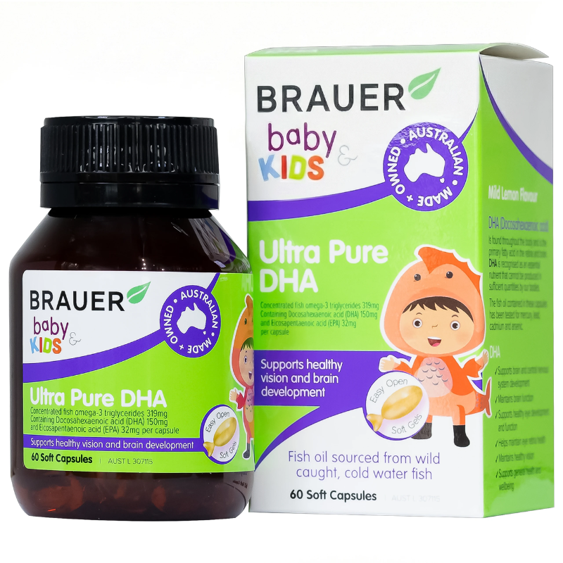 Brauer Baby & Kids Ultra Pure DHA 60 Capsules premium Australian DHA omega-3 supplement for babies and children from 7 months.