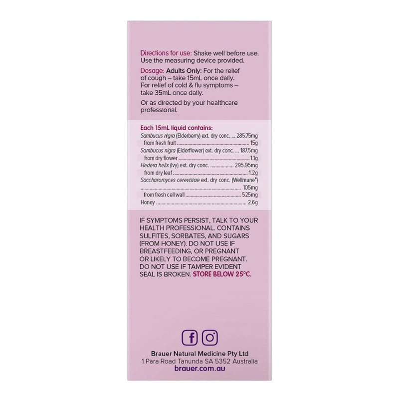 Brauer Black Elderberry Cold & Flu Forte Double Strength 200ml premium Australian elderberry liquid with Wellmune® and ivy leaf for adults.