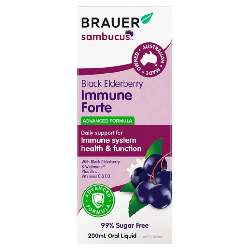 Brauer Black Elderberry Immune Forte 20ml premium Australian black elderberry immune support liquid with Wellmune®, Vitamin C, Vitamin D3 and Zinc.