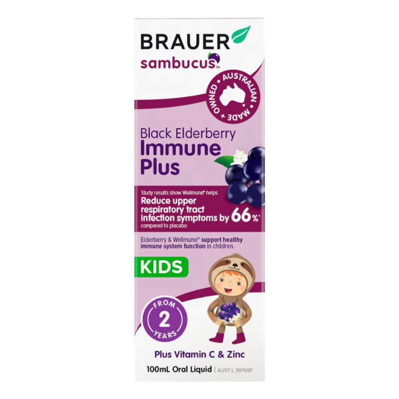 Brauer Black Elderberry Immune Plus 100ml premium Australian immune support liquid with Black Elderberry, Wellmune®, Vitamin C and Zinc for children 2 years+.