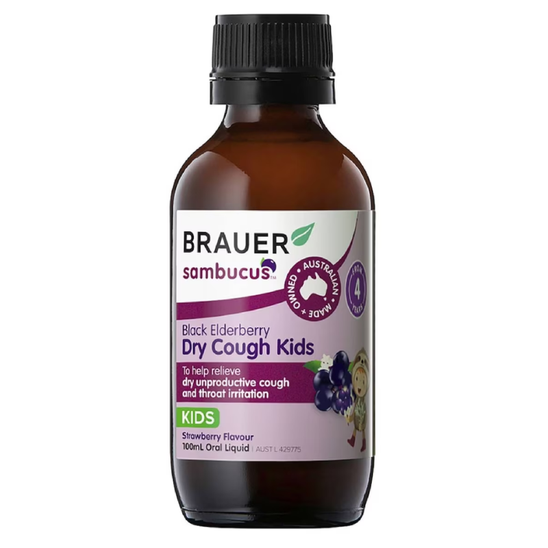 Brauer Black Elderberry Kids Dry Cough Oral Liquid 100ml Australian herbal liquid with elderberry, marshmallow, Iceland moss and vitamin C for children.