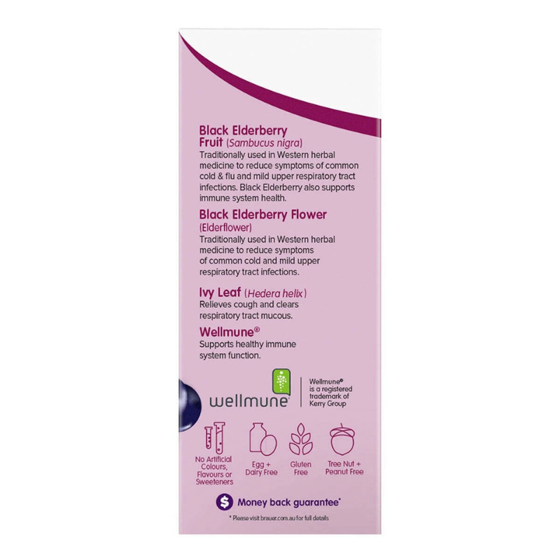 Brauer Black Elderberry Cold & Flu Forte Double Strength 200ml premium Australian elderberry liquid with Wellmune® and ivy leaf for adults.