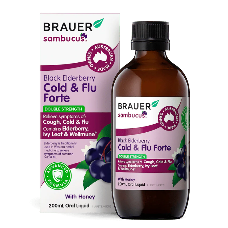 Brauer Black Elderberry Cold & Flu Forte Double Strength 200ml premium Australian elderberry liquid with Wellmune® and ivy leaf for adults.