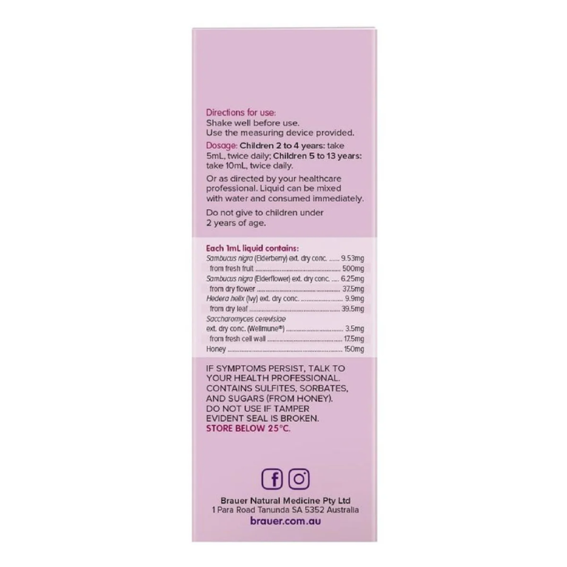 Brauer Black Elderberry Cold & Flu Forte Kids 100ml Australian herbal liquid with Black Elderberry, Wellmune®, Ivy Leaf and Honey for children.
