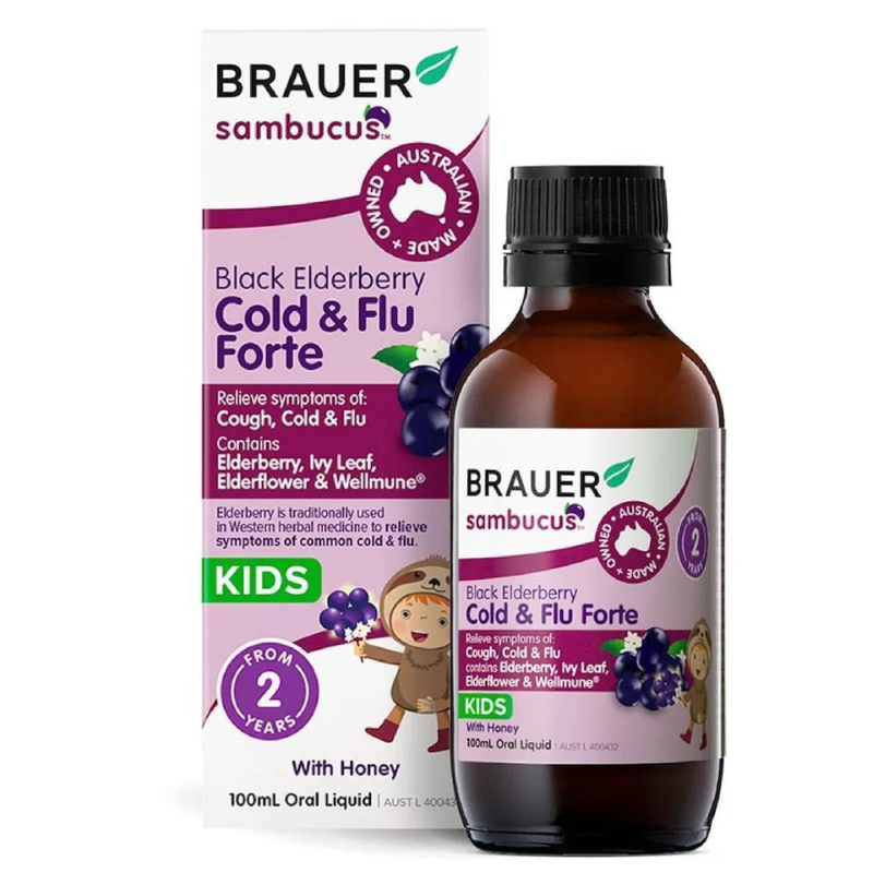 Brauer Black Elderberry Cold & Flu Forte Kids 100ml Australian herbal liquid with Black Elderberry, Wellmune®, Ivy Leaf and Honey for children.