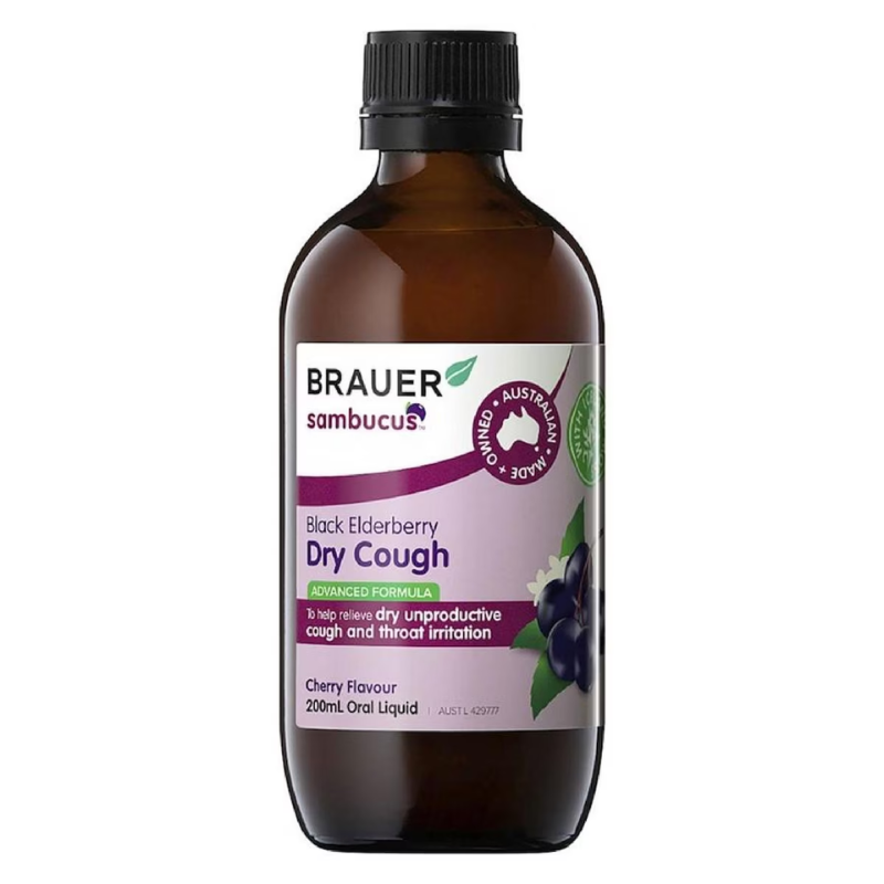 Brauer Black Elderberry Dry Cough Oral Liquid 200ml premium Australian herbal liquid with elderberry, marshmallow, Iceland moss and vitamin C.