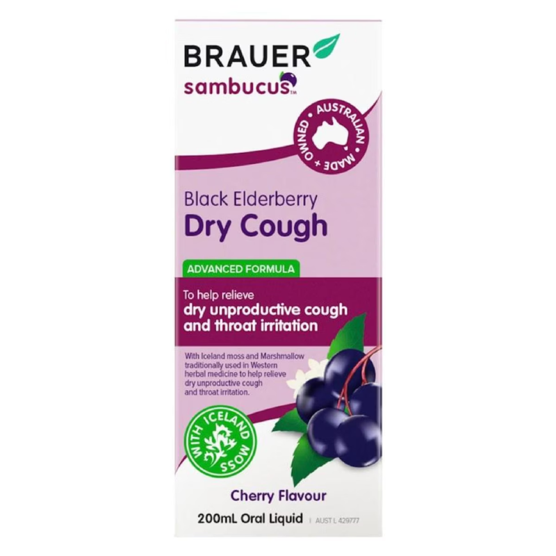 Brauer Black Elderberry Dry Cough Oral Liquid 200ml premium Australian herbal liquid with elderberry, marshmallow, Iceland moss and vitamin C.