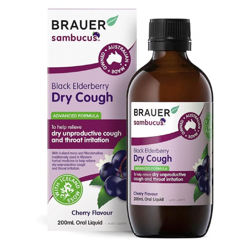 Brauer Black Elderberry Dry Cough Oral Liquid 200ml premium Australian herbal liquid with elderberry, marshmallow, Iceland moss and vitamin C.
