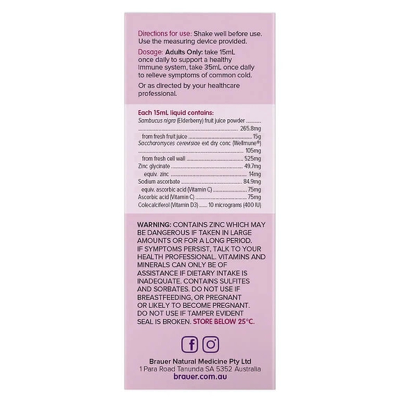 Brauer Black Elderberry Immune Forte 20ml premium Australian black elderberry immune support liquid with Wellmune®, Vitamin C, Vitamin D3 and Zinc.