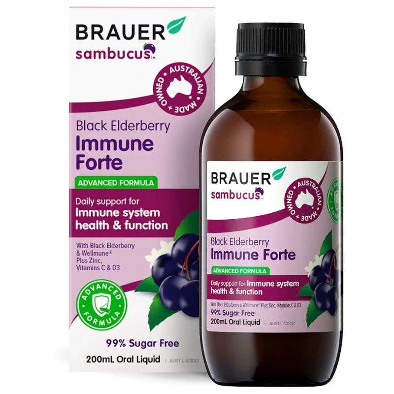Brauer Black Elderberry Immune Forte 20ml premium Australian black elderberry immune support liquid with Wellmune®, Vitamin C, Vitamin D3 and Zinc.