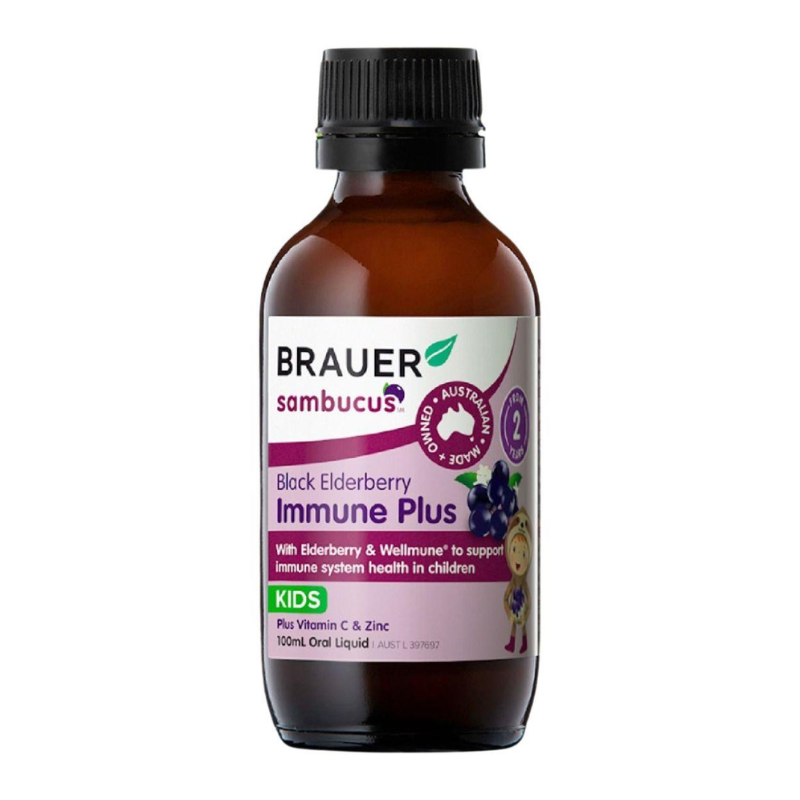 Brauer Black Elderberry Immune Plus 100ml premium Australian immune support liquid with Black Elderberry, Wellmune®, Vitamin C and Zinc for children 2 years+.