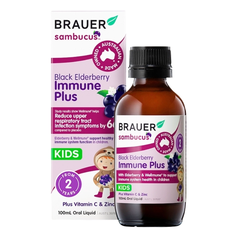 Brauer Black Elderberry Immune Plus 100ml premium Australian immune support liquid with Black Elderberry, Wellmune®, Vitamin C and Zinc for children 2 years+.