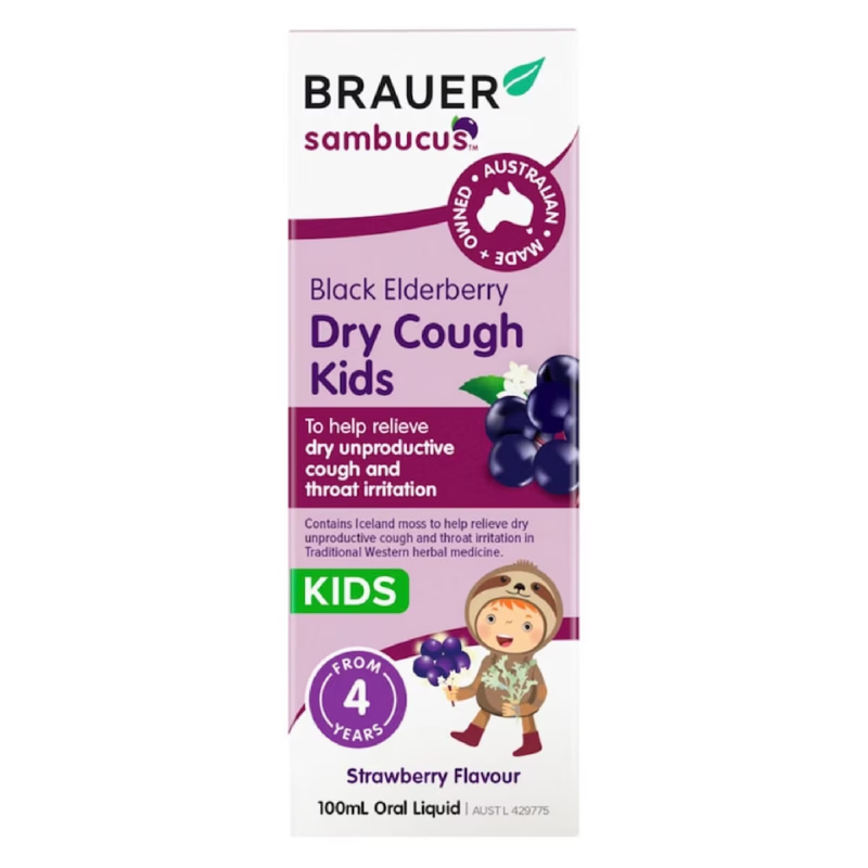 Brauer Black Elderberry Kids Dry Cough Oral Liquid 100ml Australian herbal liquid with elderberry, marshmallow, Iceland moss and vitamin C for children.