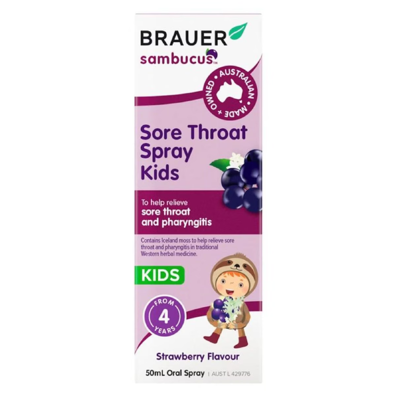 Brauer Black Elderberry Kids Sore Throat Spray 50ml Australian herbal throat spray with elderberry, liquorice and Iceland moss for children.