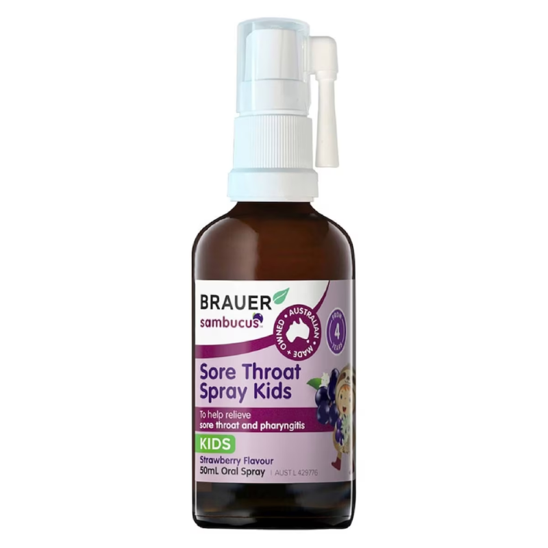Brauer Black Elderberry Kids Sore Throat Spray 50ml Australian herbal throat spray with elderberry, liquorice and Iceland moss for children.
