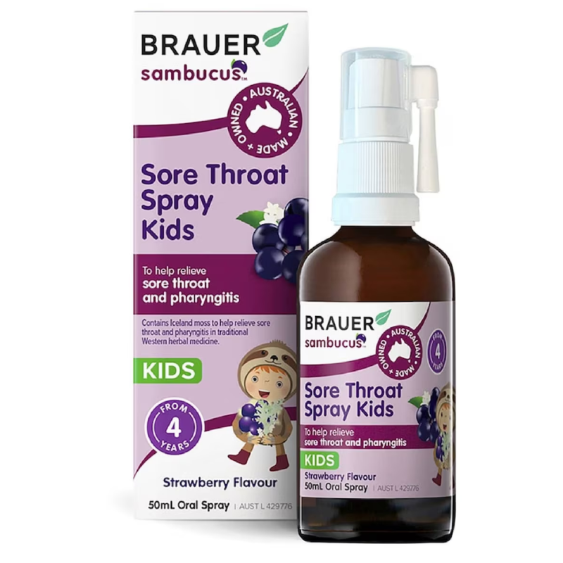 Brauer Black Elderberry Kids Sore Throat Spray 50ml Australian herbal throat spray with elderberry, liquorice and Iceland moss for children.
