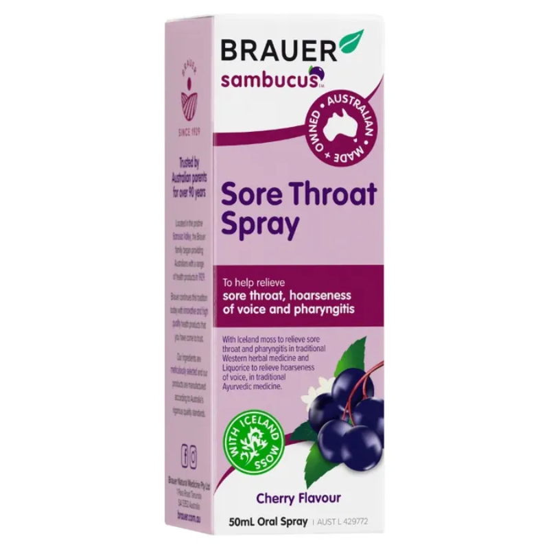 Brauer Black Elderberry Sore Throat Spray 50ml premium Australian herbal throat spray with Black Elderberry, Iceland Moss and Liquorice for adults.