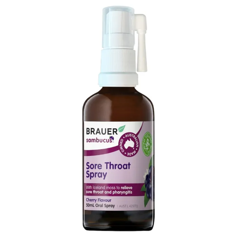 Brauer Black Elderberry Sore Throat Spray 50ml premium Australian herbal throat spray with Black Elderberry, Iceland Moss and Liquorice for adults.