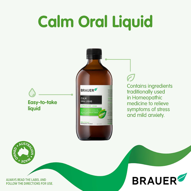 Brauer Calm Oral Liquid 500ml premium Australian homeopathic oral liquid to support calmness, relaxation and emotional wellbeing.