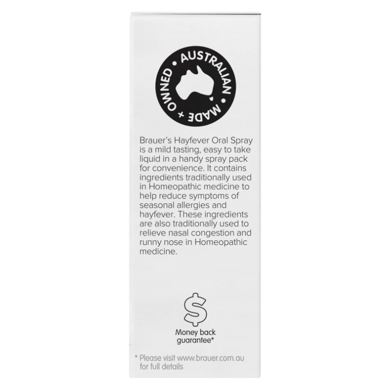 Brauer Hayfever Oral Spray 20ml premium Australian homeopathic oral spray for seasonal hay fever and allergy symptom relief.