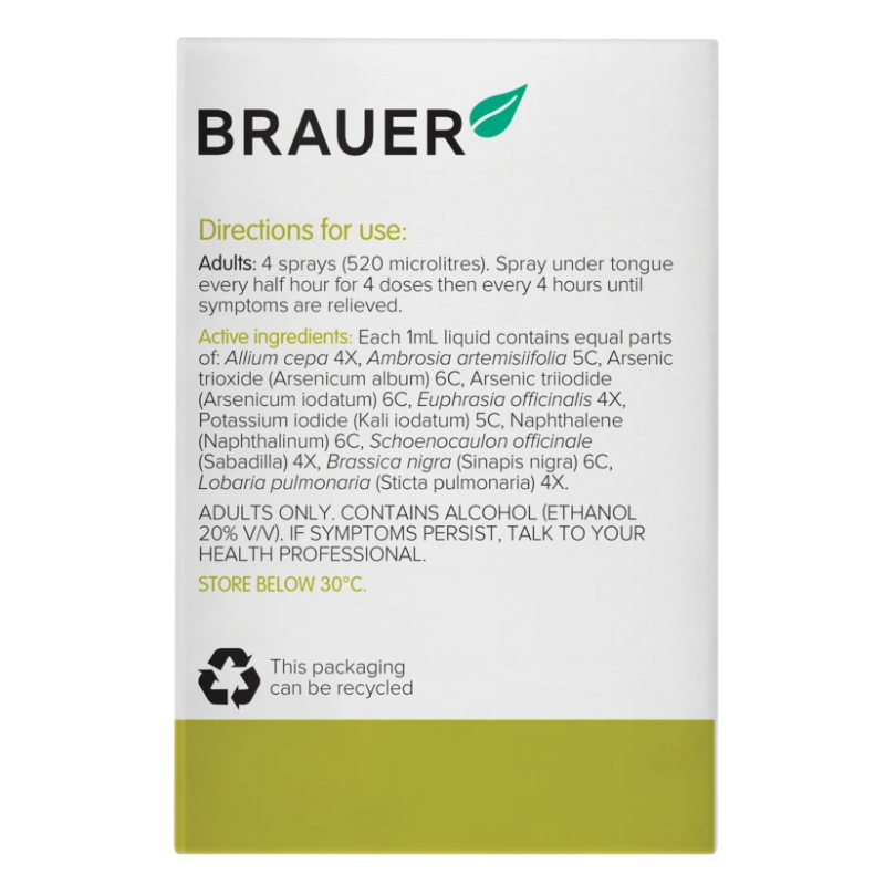Brauer Hayfever Oral Spray 20ml premium Australian homeopathic oral spray for seasonal hay fever and allergy symptom relief.