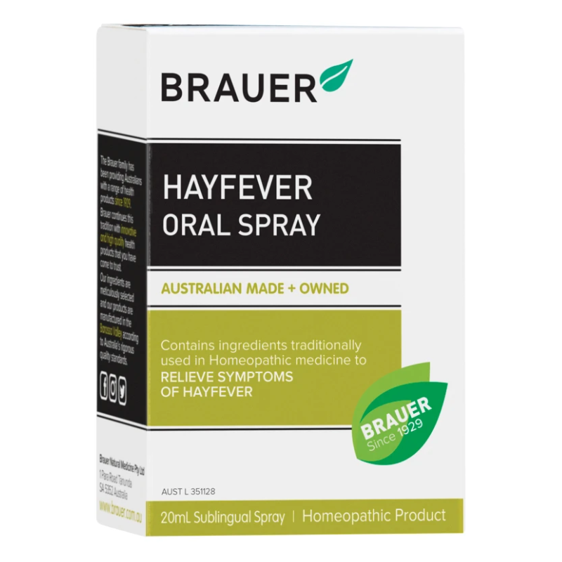 Brauer Hayfever Oral Spray 20ml premium Australian homeopathic oral spray for seasonal hay fever and allergy symptom relief.