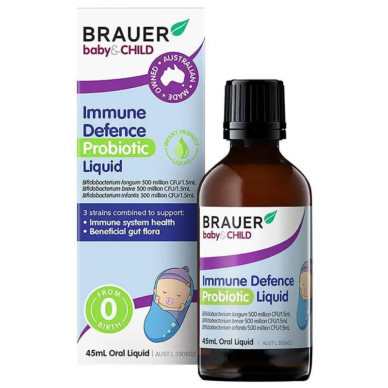 Brauer Immune Defence Probiotic Liquid 45ml premium Australian probiotic liquid with 3 Bifidobacterium strains for infants from birth.