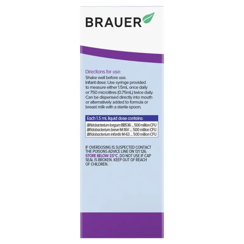 Brauer Immune Defence Probiotic Liquid 45ml premium Australian probiotic liquid with 3 Bifidobacterium strains for infants from birth.