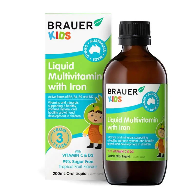 Brauer Kids Liquid Multivitamin with Iron 200ml premium Australian liquid multivitamin with iron for children aged 3 years and over.