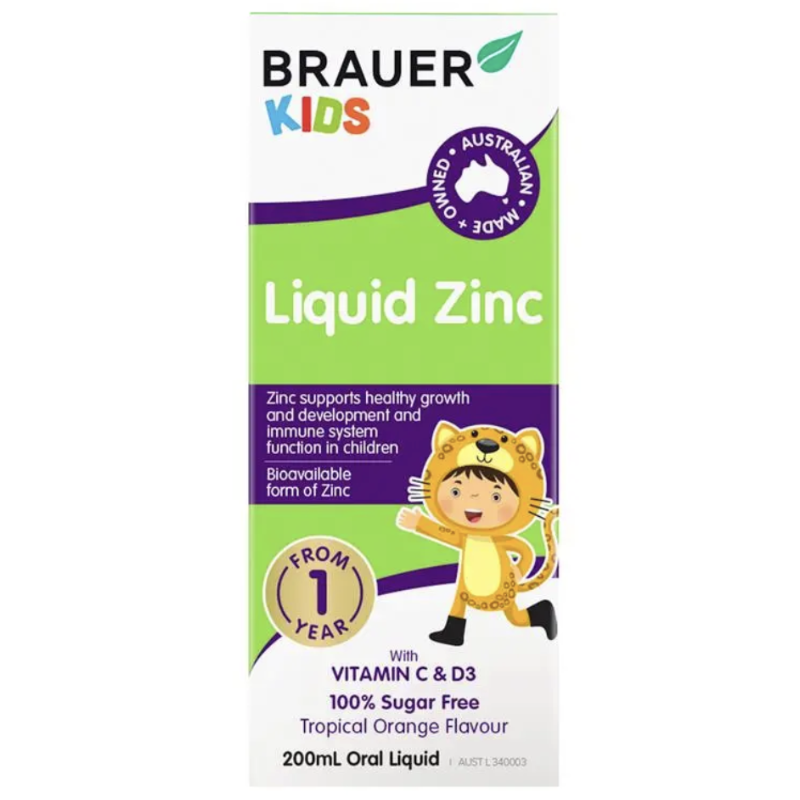 Brauer Kids Liquid Zinc 200ml premium Australian liquid zinc supplement with Vitamin C and Vitamin D3 for children aged 1 year and over.