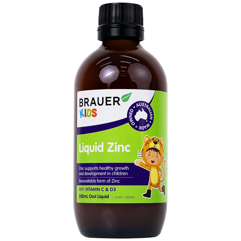Brauer Kids Liquid Zinc 200ml premium Australian liquid zinc supplement with Vitamin C and Vitamin D3 for children aged 1 year and over.