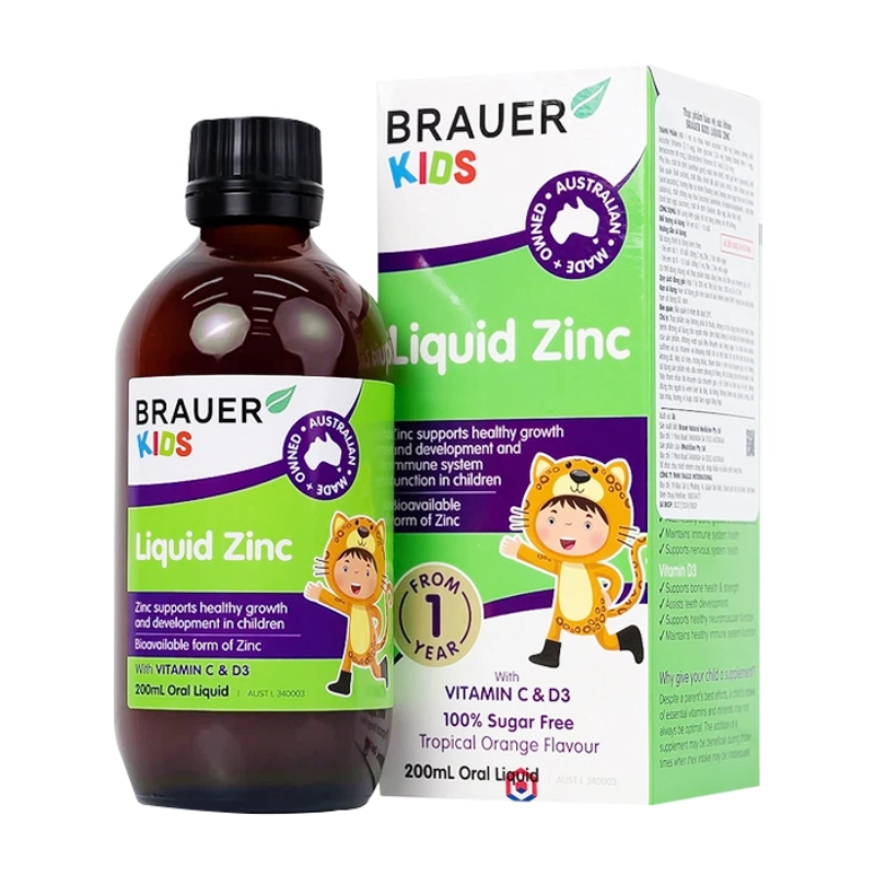 Brauer Kids Liquid Zinc 200ml premium Australian liquid zinc supplement with Vitamin C and Vitamin D3 for children aged 1 year and over.