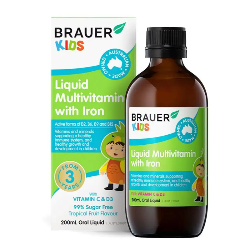 Brauer Liquid Multivitamin with Iron 200ml premium Australian children's multivitamin with iron, vitamins and minerals.