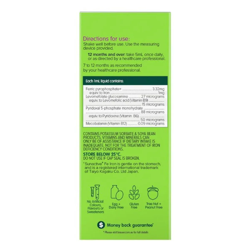 Brauer Liquid Vitamin B with Iron 200ml premium Australian liquid vitamin B complex with iron supplement for daily nutritional support.